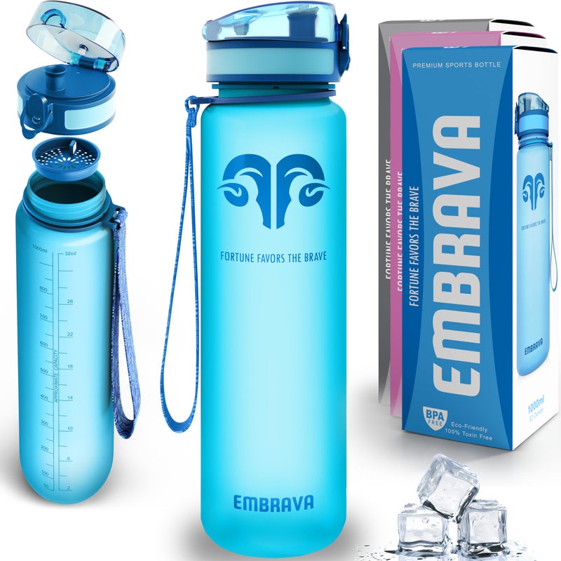 Embrava Best Sports Water Bottle - 32oz - Spill Proof & Lightweight - Perfect for Fitness & Outdoor Activities - Reusable Plastic - Narrow Mouth, Quart Sized - One-Click Water Bottle - Blue - Image 1